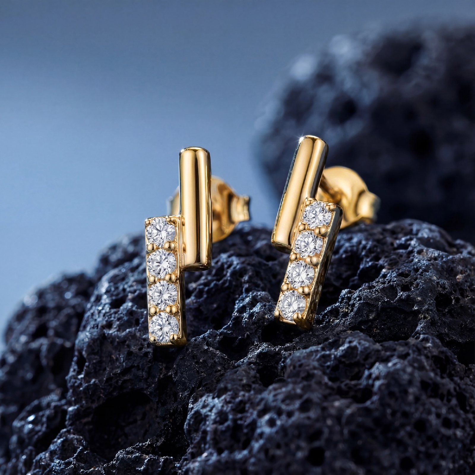 Parallel double bar diamond stud earrings in gold finish