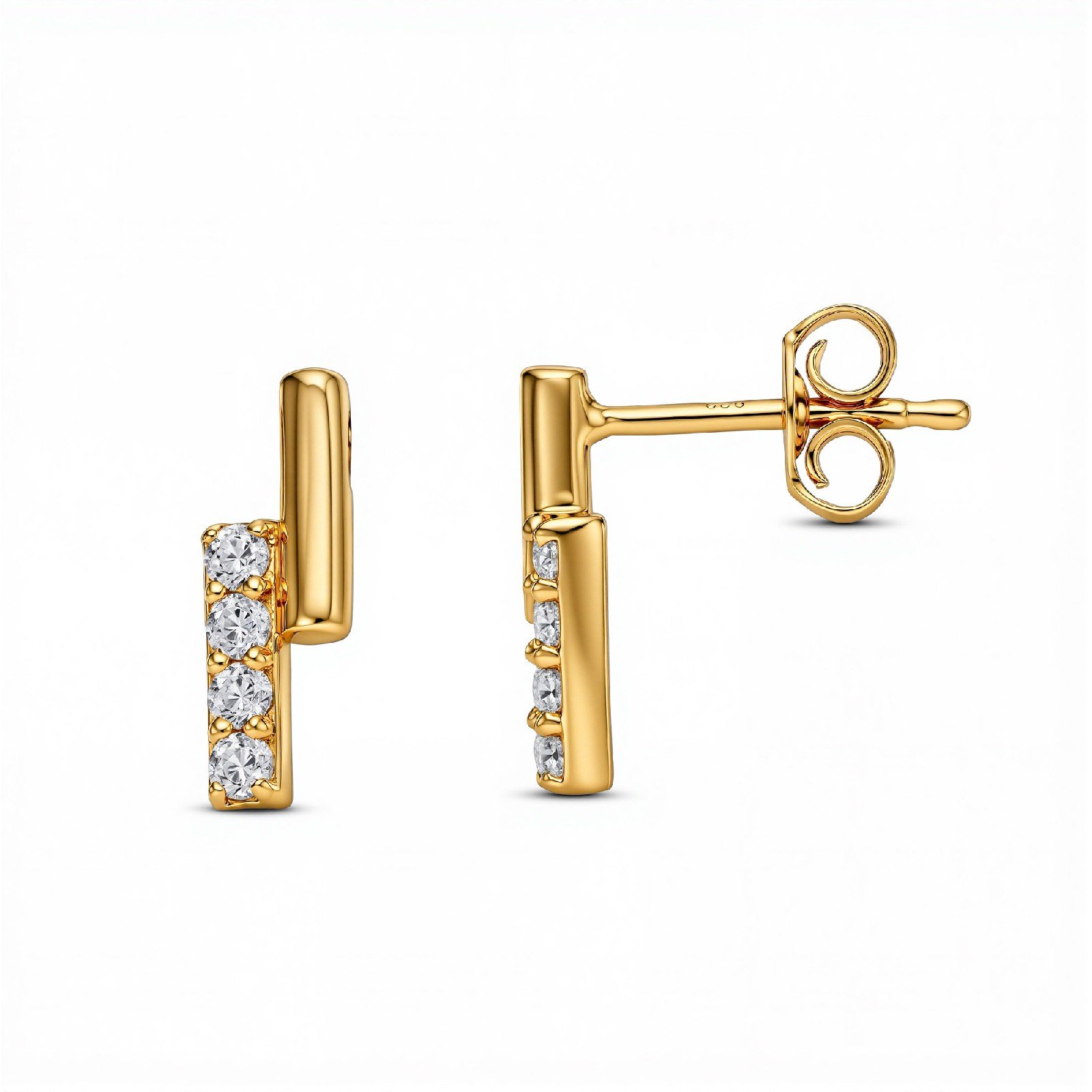 Parallel double bar diamond stud earrings in gold finish