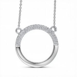 Eclipse half pavé diamond open circle necklace in silver