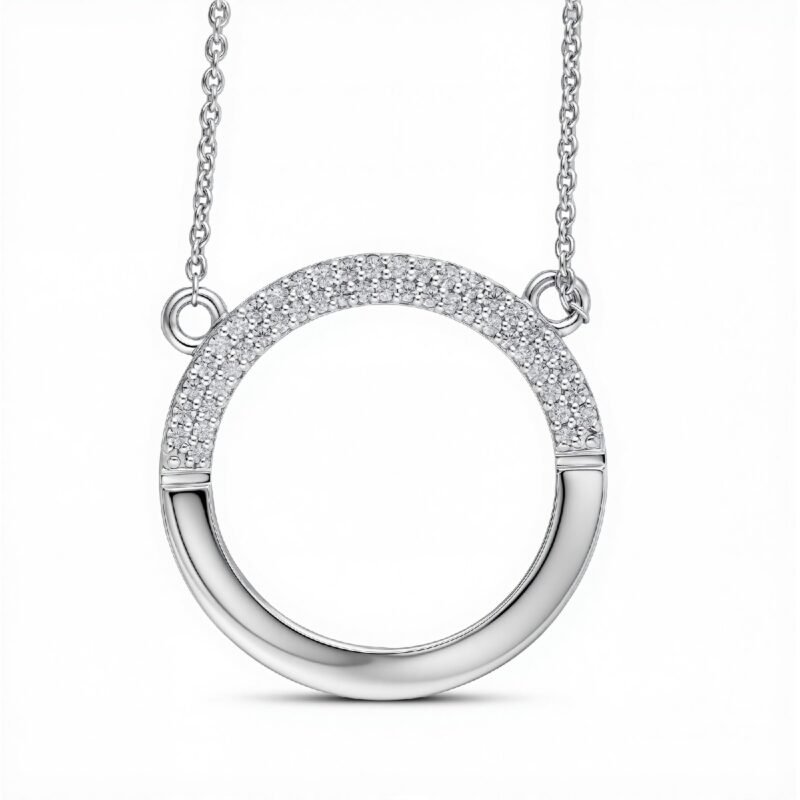 Eclipse half pavé diamond open circle necklace in silver