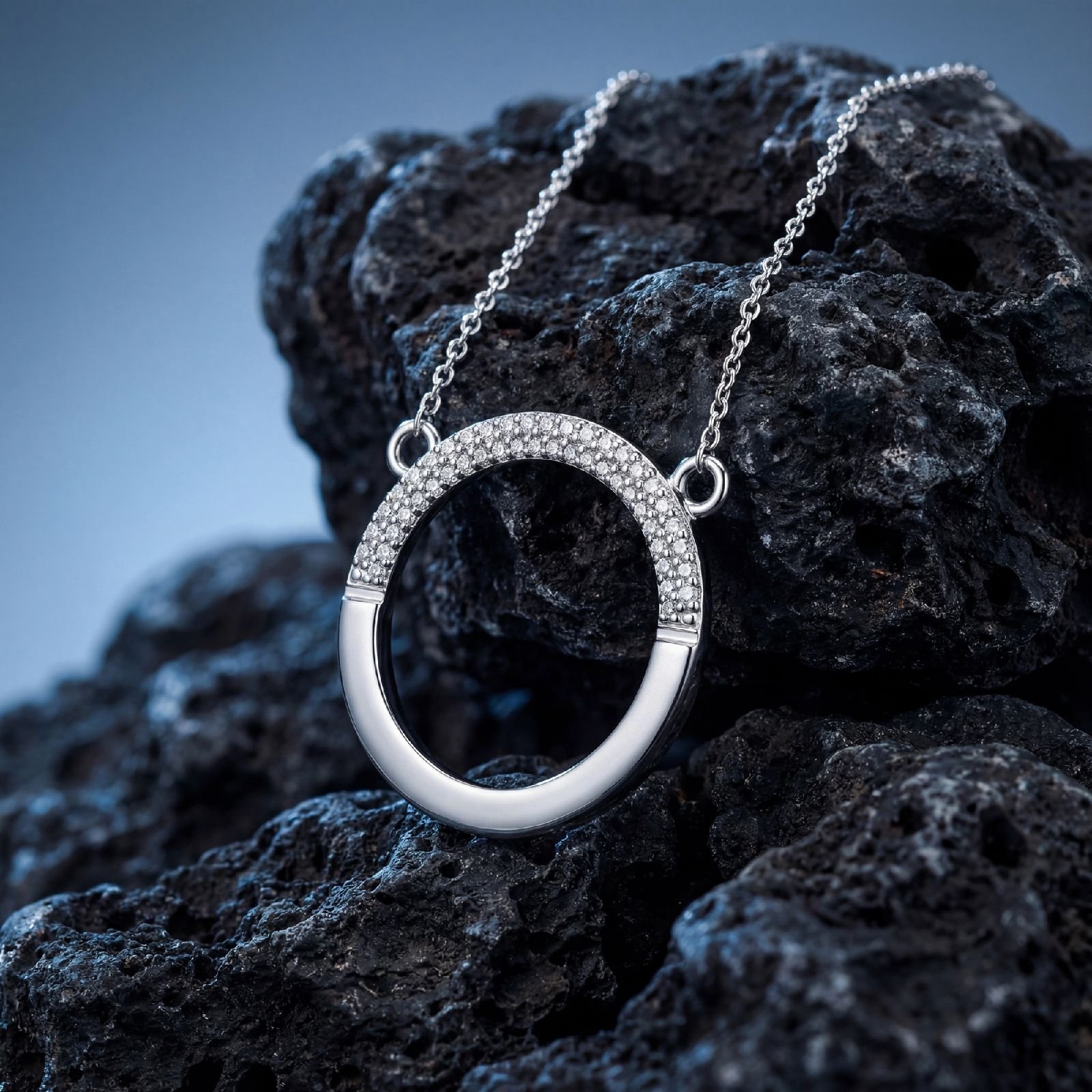 Eclipse half pavé diamond open circle necklace in silver