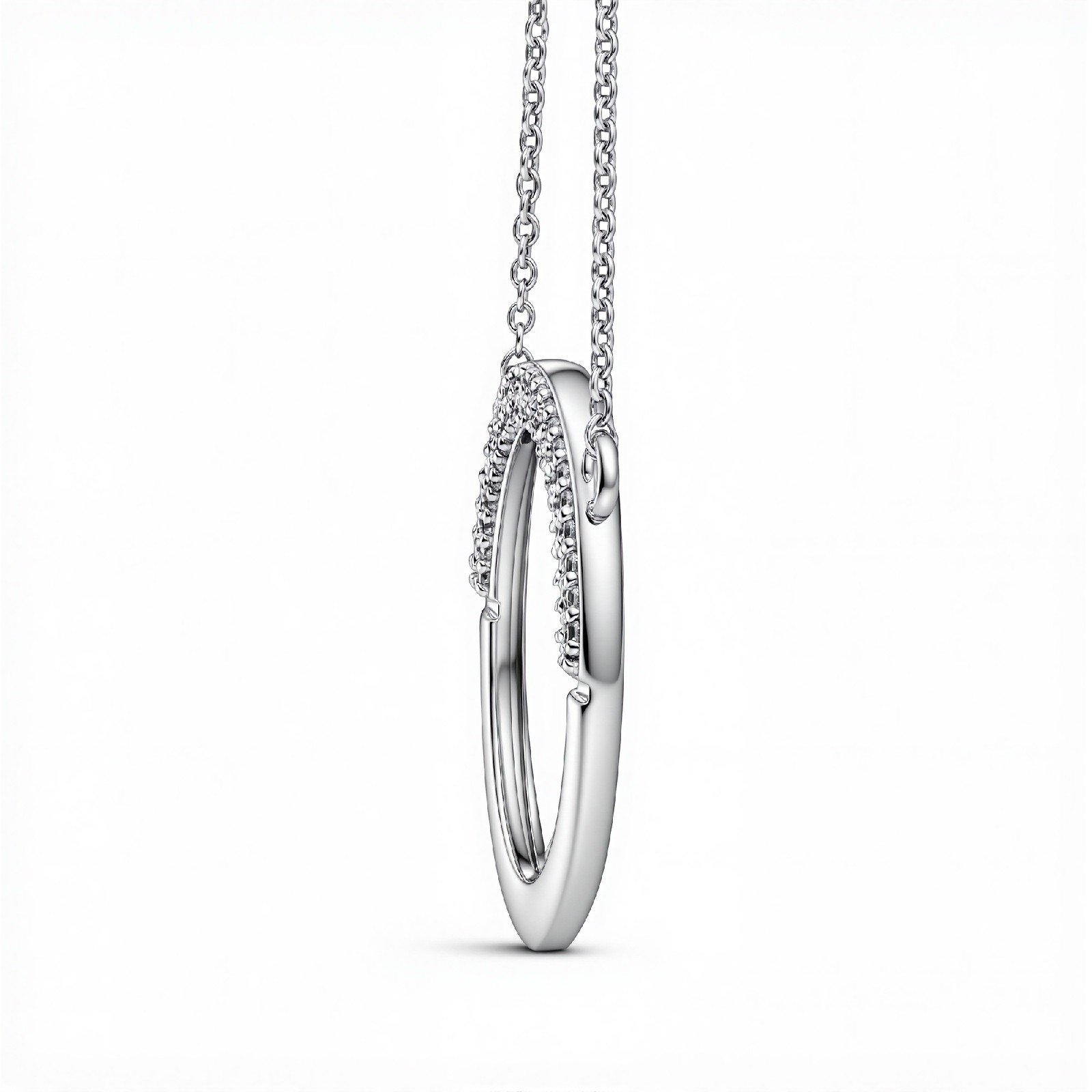 Eclipse half pavé diamond open circle necklace in silver