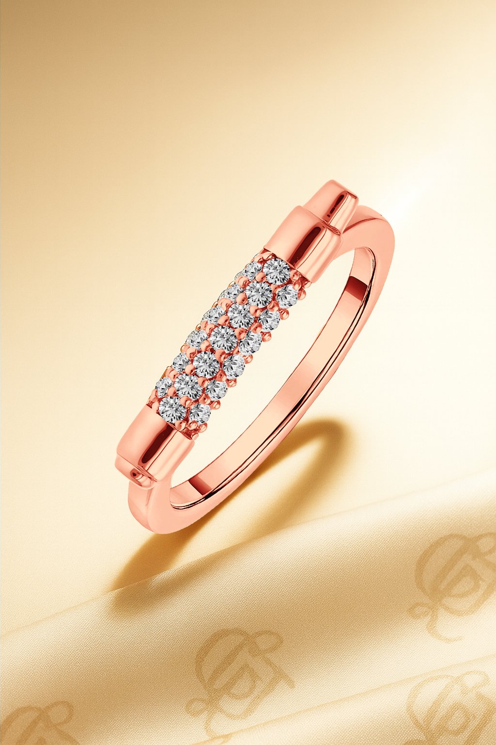 Ingot two-row pavé diamond bar ring in rose gold finish